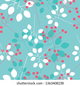 Blue seamless pattern with red berries and multicolor leaves