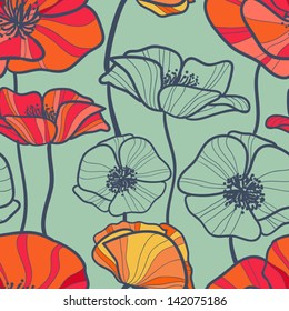 Blue Seamless pattern with red and outline sketchy poppy. Floral background wallpaper. Flower ornament good for web, print and wrapping paper.