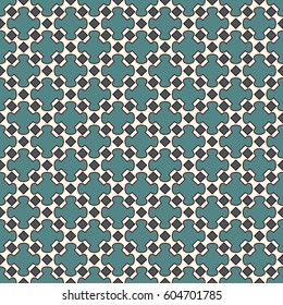 Blue seamless pattern with repeated geometric figures. Ornamental abstract background. Oriental motif. Digital paper for textile print, page fill. Vector art illustration