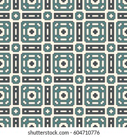 Blue seamless pattern with repeated geometric forms. Ornamental abstract background. Ethnic and tribal motifs. Digital paper, textile print, page fill. Vector art