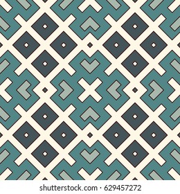Blue seamless pattern with repeated geometric forms. Ornamental abstract background. Ethnic and tribal motifs. Digital paper, textile print, page fill. Vector art