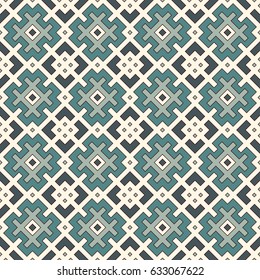 Blue seamless pattern with repeated geometric forms. Ornamental abstract background. Ethnic and tribal motifs. Digital paper, textile print, page fill. Vector art