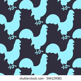 Blue seamless pattern with blue rooster on the dark background