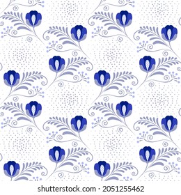 Blue seamless pattern with roses in the style of national cobalt painting on porcelain. Floral tiled background for wallpaper, fabric or wrapping paper. Vector illustration.