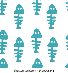 Blue seamless pattern with sea elements on a white background. Fish skeleton. Doodle style Ideal for children's clothing, fabrics, textiles, children's decorations, wrapping paper. Vector illustration