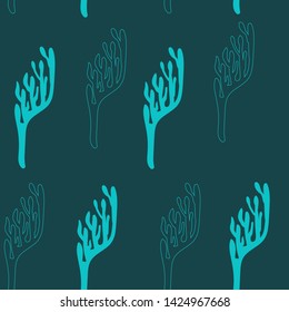 Blue seamless pattern with sea elements on a dark background. Algae. Doodle style Ideal for children's clothing, fabrics, textiles, children's decorations, wrapping paper. Vector illustration.