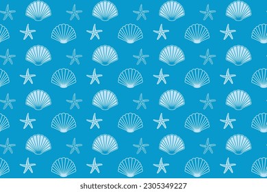 blue seamless pattern with sea shells and starfish - vector ornamental background