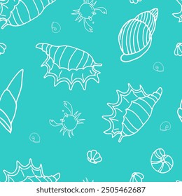 Blue seamless pattern with sea shells crabs and fishes, underwater life, hand drawn. Vector seamless pattern. Suitable for textiles, covers, wall wallpaper, packaging, children's prints, etc.