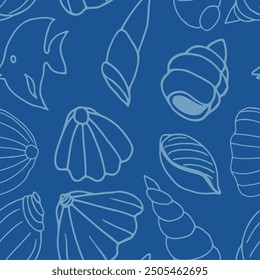 Blue seamless pattern with sea shells and fish, underwater life, hand drawn. Vector seamless pattern. Suitable for textiles, covers, wall wallpaper, packaging, children's prints, etc.