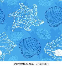 Blue seamless pattern with sea shells