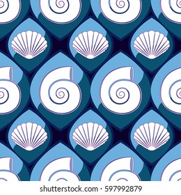Blue seamless pattern of sea shells.
