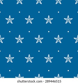 Blue seamless pattern with sea starfish. Vector illustration