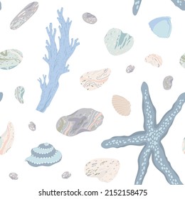 Blue seamless pattern with seashells, starfish, corals and pebble on white background. Pastel vector hand drawn illustrations.