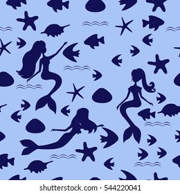 Blue seamless Pattern with silhouette mermaid. Pattern mermaid for girl, children, scrapbook.