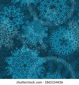 Blue seamless pattern with snowflakes shapes. Denim effect. Abstract vector background for web page, banners backdrop, fabric, home decor, wrapping, new year design