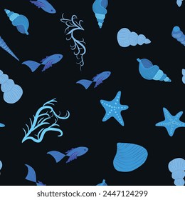 Blue Seamless pattern with starfish, corals, pearls and shells. Vector background with a marine theme
