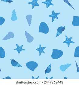 Blue Seamless pattern with starfish, corals, pearls and shells. Vector background with a marine theme