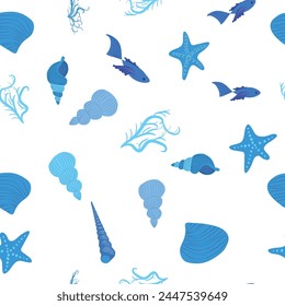 Blue Seamless pattern with starfish, corals, pearls and shells. Vector background with a marine theme