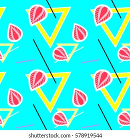 Blue seamless pattern with strawberries and geometric shapes