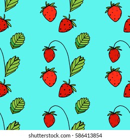 Blue seamless pattern with strawberries and leaves for prints, fashion, clothes, design, textile, scrapbooking, menu, kids room, interior posters, wallpapers, invitations, cards, curtains.