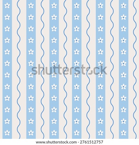 Blue seamless pattern with stripes and small spring flowers vector background