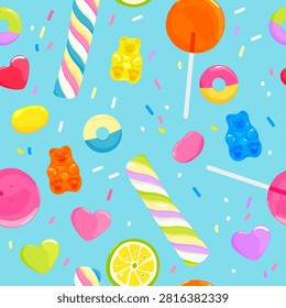 Blue seamless pattern with sweets, sugar sprinkles, jelly candy and lollipops. Halloween trick or treat sweets seamless background. Colorful candy repeating background. Vector illustration