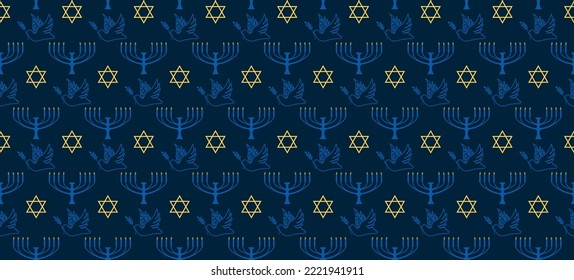 Blue seamless pattern with traditional menorah and jewish stars for Happy Hanukkah holiday.	