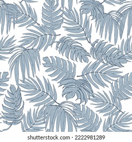 Blue seamless pattern of tropical monstera and palm leaves. Graphic modern vector illustration.
