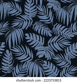 Blue seamless pattern of tropical monstera and palm leaves. Graphic modern vector illustration.	