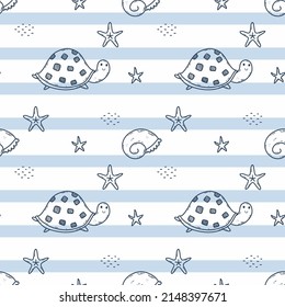 Blue seamless pattern with turtle. Starfish and seashell. Printing on fabric and wrapping paper. Endless wallpaper.