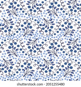 Patrón azul sin costuras con ramas y puntos al estilo de la pintura clásica de porcelana cobáltica. Fondo de baldosas florales para papel de pared, ropa o papel de envoltura. Ilustración vectorial.