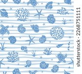 Blue seamless pattern with underwater life objects - seashells, starfish, corals, algae and sea turtles.