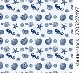 Blue seamless pattern with underwater life objects - seashells, starfish, corals, algae and sea turtles.