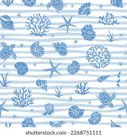 Blue seamless pattern with underwater life objects - seashells, starfish, corals, algae and sea turtles.
