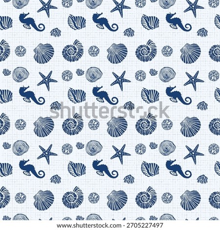 Blue seamless pattern with underwater life objects - seashells, starfish, corals, algae and sea turtles.