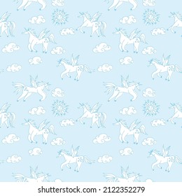 blue seamless pattern unicorns in the sky. sketch doodle drawing vector