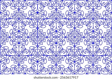 Blue seamless pattern with a vintage-style symmetrical design, featuring decorative elements such as intricate floral and geometric ornaments.