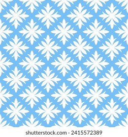 Blue seamless pattern with white abstract flowers