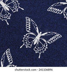 Blue seamless pattern with white butterflies