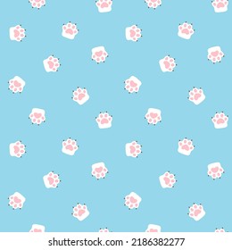 Blue seamless pattern with white cat paws