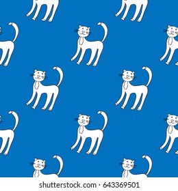 Blue seamless pattern with white cats. Black contour pets silhouettes.Cute animals endless pattern for kids, wrapping paper, manufacturing, scrapbooking, textile, fabric, clothes, prints, wallpapers.