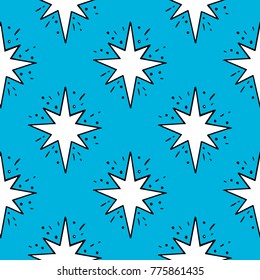 Blue seamless pattern with white Christmas stars, symbols of merry Christmas and happy New Year. Design for prints, fabric, textile, wrapping paper, manufacturing, gifts, decoupage, scrapbook, covers