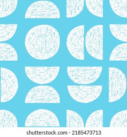 Blue seamless pattern with white circles and semi circles.