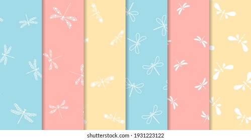 Blue seamless pattern with white dotted dragonfly.