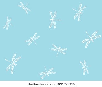 Blue seamless pattern with white dotted dragonfly.