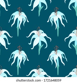 Blue seamless pattern with white flowers of lilies.