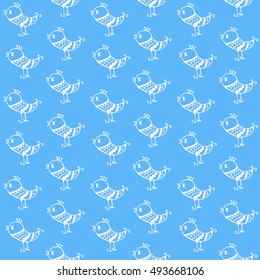 Blue seamless pattern with white hand drawn birds 