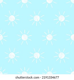 Blue seamless pattern with white outline sun.