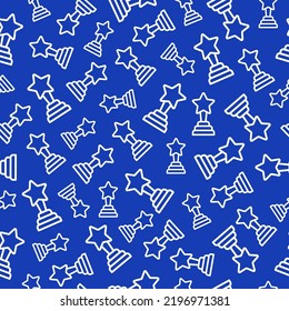 Blue seamless pattern with white outline trophy.