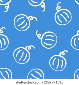 Blue seamless pattern with white outline pumpkin
